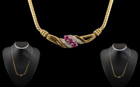 Ladies 9ct Gold Attractive Ruby and Diamond Set Necklace. Fully Hallmarked for 9.375.