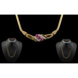 Ladies 9ct Gold Attractive Ruby and Diamond Set Necklace. Fully Hallmarked for 9.375.