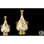 Royal Worcester Hand Decorated Blush Ivory Twin Handle Persian Style Bulbous Shaped Vase.