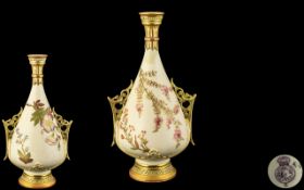 Royal Worcester Hand Decorated Blush Ivory Twin Handle Persian Style Bulbous Shaped Vase.