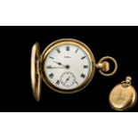 Gents Full Hunter Gold Plated Waltham Pocket Watch with lovely decoration of a stag to the reverse;