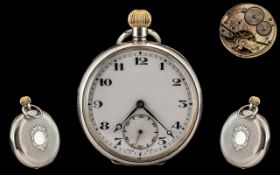 Cyma Watch Co Swiss Made Keyless Silver Open Faced Pocket Watch.