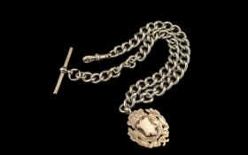 Antique - Sterling Silver Albert Watch Chain with Attached Silver Medal and T-Bar.