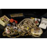 Bag of Mixed Costume Jewellery, trinket boxes, compact, scent bottles, earrings, faux pearls, etc.