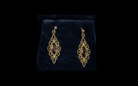 9ct Gold Ruby/Garnet Set Earrings, large drops of ornate, fancy design,