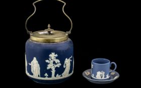 Adams Ware / Jasper Ware Biscuit Barrel with EPNS Handle and Lid, with a Wedgwood Blue and White Cup