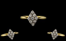 18ct Gold and Platinum Attractive Diamond Set Cluster Ring. Marked 18ct and Platinum to Interior