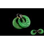 Carved Green Jade Hoop Earrings, large, near circular, hoops, carved to one side, smooth to the