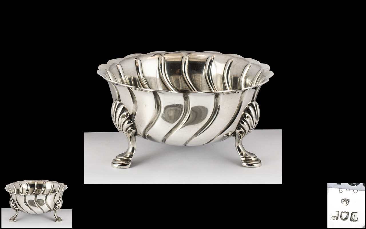 Edwardian Period Superior Quality Sterling Silver 3 Footed Fluted Bowl of Small Proportions.