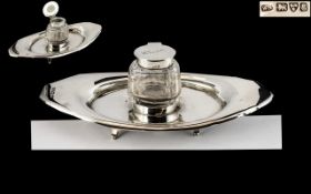 Edwardian Period Pleasing Sterling Silver Combined Inkwell and Stand Raised on 4 Feet.