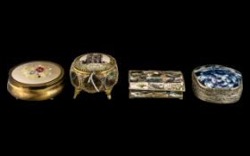 Four Vintage Lidded Trinket Boxes, one with an embroidered lid, Chinese pottery lid, shell lid,