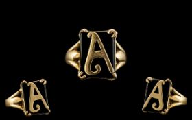 9ct Gold - Gents or Ladies Signet Ring with the Letter A, Fancy Setting.