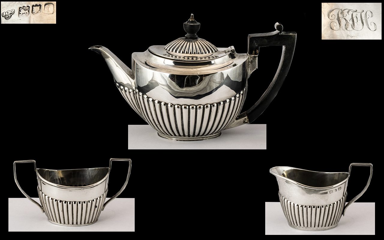 Small Silver Three Piece Harlequin Bachelor Tea Set, with embossed,