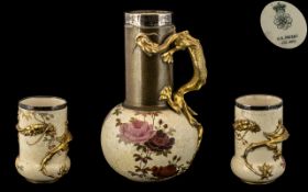 Doulton Burslem Silver Topped Lemonade Jug with Matching Silver Topped Beakers, The Bodies Finely