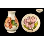 Moorcroft Small Ovoid Shaped Vase ' Coral Hibiscus ' Design on Cream Ground. Height 5.5 Inches - 13.