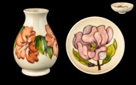 Moorcroft Small Ovoid Shaped Vase ' Coral Hibiscus ' Design on Cream Ground. Height 5.5 Inches - 13.