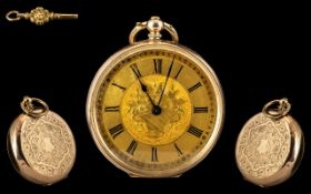 Ladies Superb Ornate Key Winding 9ct Gold Open Faced Pocket Watch with Gold Dial ( Ornate ) and