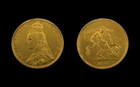 Queen Victoria 22ct Gold Jubilee Head Five Pound Coin - Date 1887. London Mint.