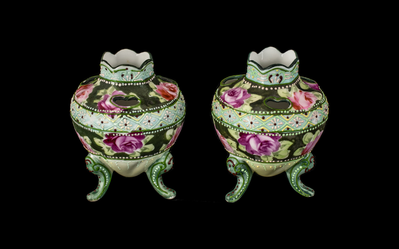 Pair of Small Noritake Type Vases of bulbous shape, decorated to the body with roses,