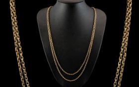 Victorian Period - Attractive 9ct Gold Muff Chain, Diamond Cut Belcher Design, Marked 9ct.
