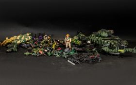 Box of Toy Soldier Figures together with a helicopter, tanks, motorbikes, dinghies,