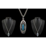 Sterling Silver - Turquoise Set Scent Bottle of Oblong Shape and Ornate Surrounds with Attached