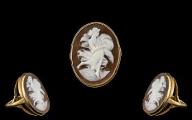 Antique Period - Large and Impressive Oval Shaped Cameo Ring In a 9ct Gold Ring Mount.