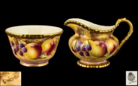 Royal Worcester - Fine Quality Pair of Hand Painted and Signed Fruits Milk Jug and Sugar Bowl '