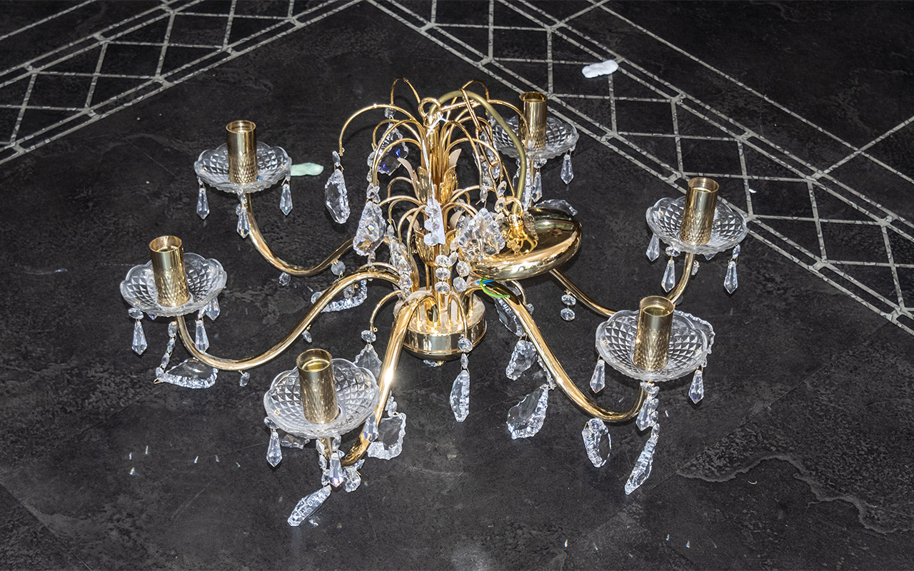 A Reproduction Brass and Crystal Drop Glass Chandelier in the French Style electrified,