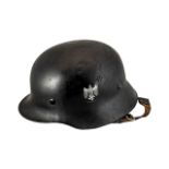 German M-35/M-40 Double Decal Steel Helmet, Leather liner and leather chinstrap.