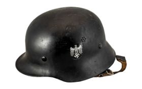 German M-35/M-40 Double Decal Steel Helmet, Leather liner and leather chinstrap.