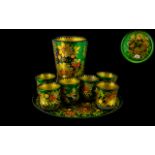 Wood Lacquer Tray with six tumblers and a pot, painted in green and yellow floral and butterfly