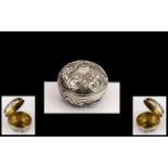 Silver Pill Box. Lovely silver pill box with scroll swirls, quality with gold gilt to interior.