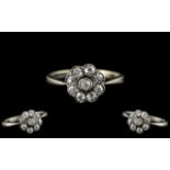 Antique Period 18ct White Gold and Platinum Diamond Set Cluster Ring - Flower head Design.