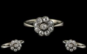 Antique Period 18ct White Gold and Platinum Diamond Set Cluster Ring - Flower head Design.