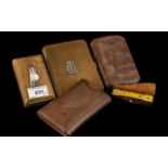 Two Leather Cigar Cases, oak desk weight with embossed silver owl to the top,