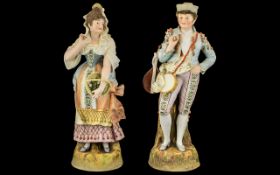 German Late 19th Century Pair of Tall and Impressive Hand Painted Bisque Figures of Large