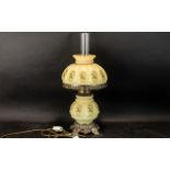 Large Lamp in Oil Lamp Style, with glass dome base and shade, and clear glass funnel.