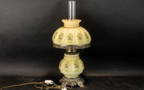 Large Lamp in Oil Lamp Style, with glass dome base and shade, and clear glass funnel.