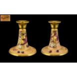 Royal Worcester - Ex Artist Brian Cox Hand Painted and Signed Pair of Candlesticks ' Fallen Fruits