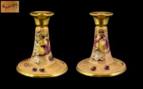 Royal Worcester - Ex Artist Brian Cox Hand Painted and Signed Pair of Candlesticks ' Fallen Fruits