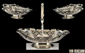 Edwardian Period Ornate Sterling Silver Swing Handle Fruits Basket / Bowl of Large Proportions with