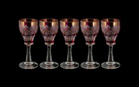 Cranberry Glass - Suite of Five Engraved Sherry Glasses. Beautifully engraved Czechoslovakian glass,