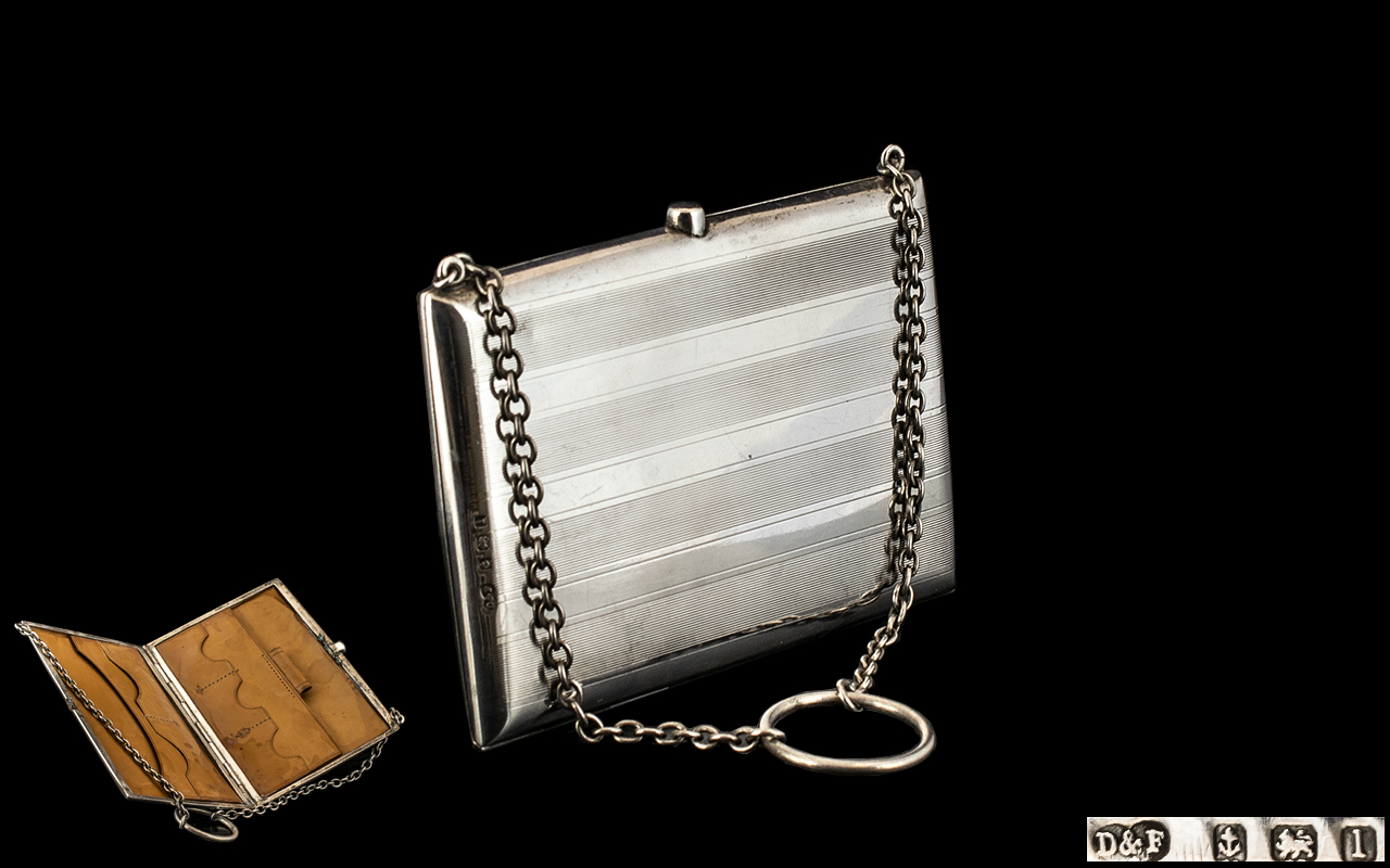 Edwardian Period - Ladies Sterling Silver Card Case / Purse with Calf Leather Fitted Interior for