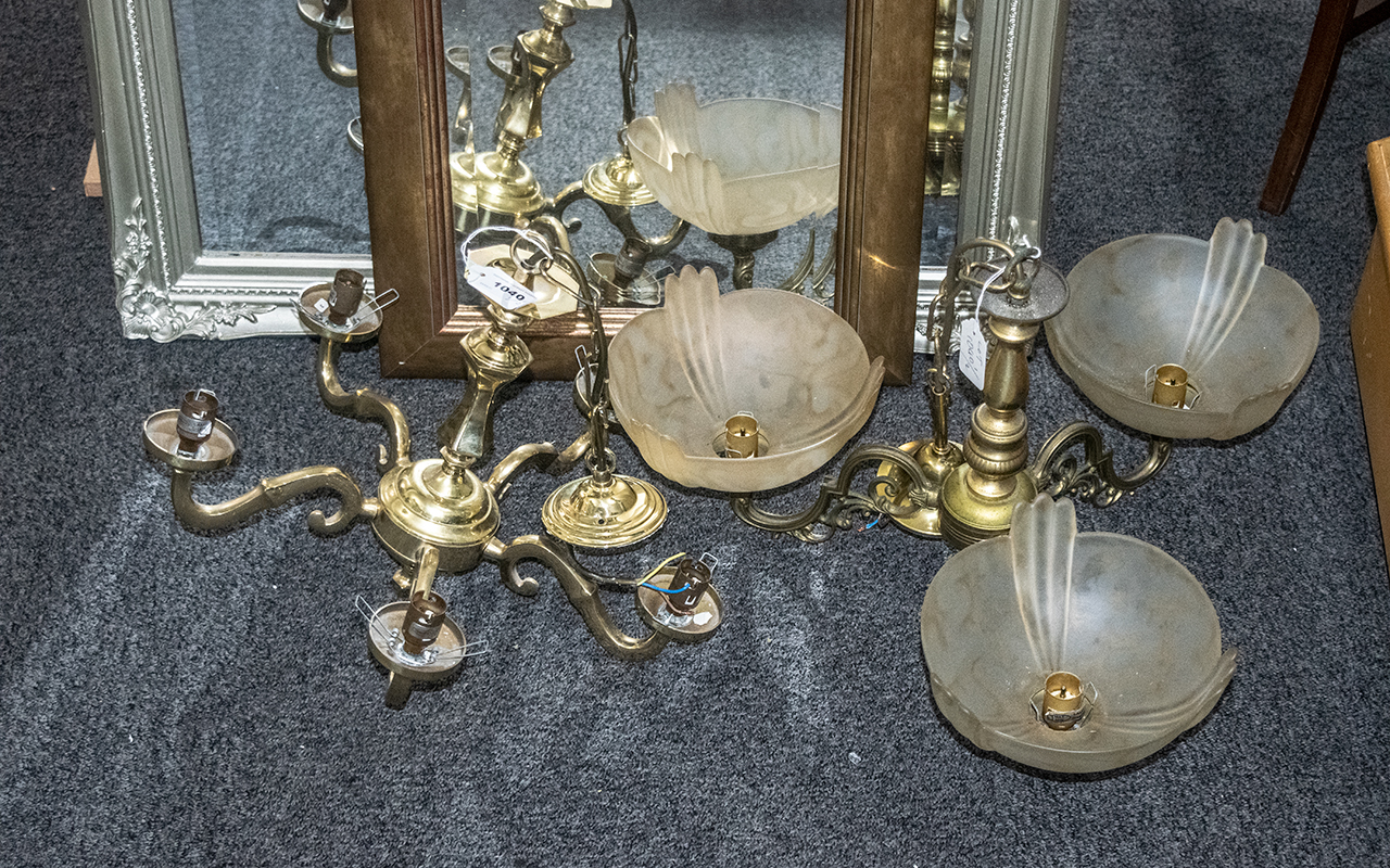 Two Brass Chandeliers ( 5 Branch without Shades ) 3 Branch with Glass Shades.