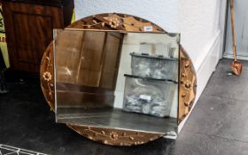 Art Deco Oval Shaped Etched Glass Wall Mirror with peach colour mirrored side panels,