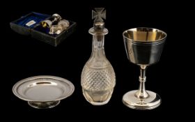 Antique Silver Travelling Communion Set in black case lined in blue satin and velvet,