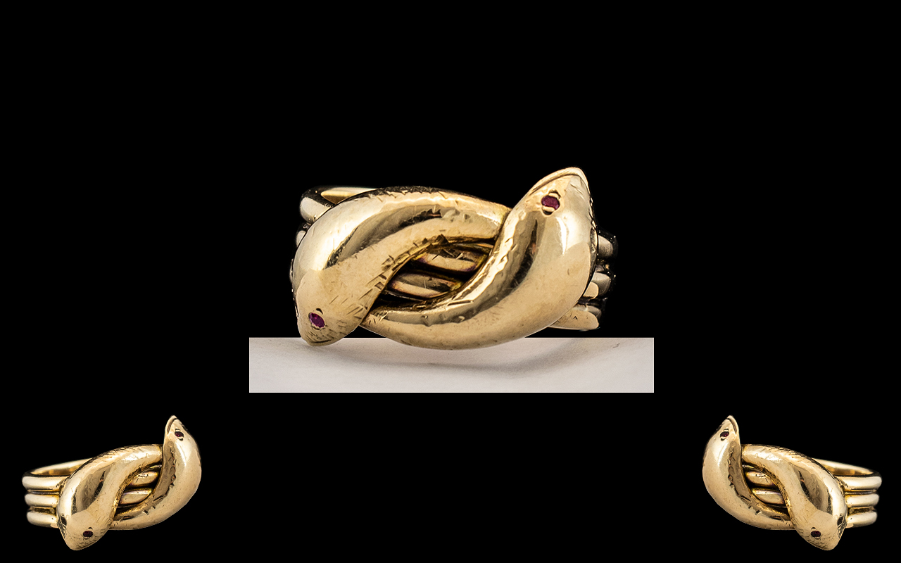 9ct Gold Impressive / Heavy Two Headed Snake Ring, Set with Ruby Eyes.