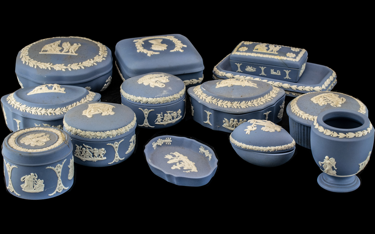 Collection of Wedgwood Blue Jasperware Lidded Trinket Boxes, 10 in total, assorted shapes,