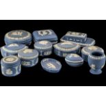 Collection of Wedgwood Blue Jasperware Lidded Trinket Boxes, 10 in total, assorted shapes,